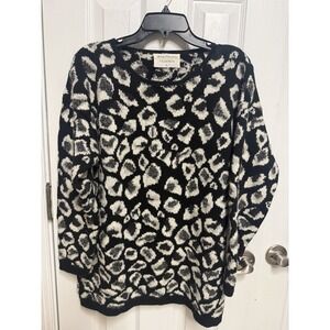 Leopard Print Fuzzy Eyelash Knit Sweater Women's L Cozy Soft Oversized Chic